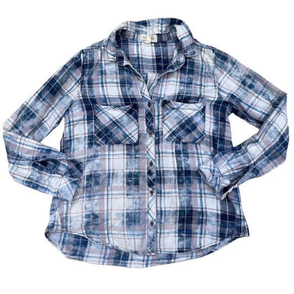 Cloth & Stone Anthropologie Plaid Button Front Shirt Women’s M Blue Cotton Soft - Picture 3 of 15